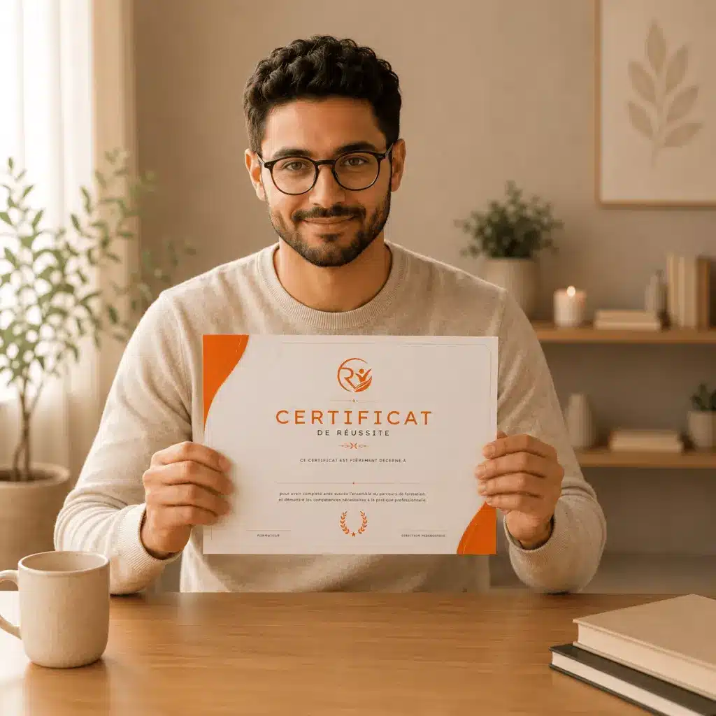 Homme souriant présentant son certificat de formation