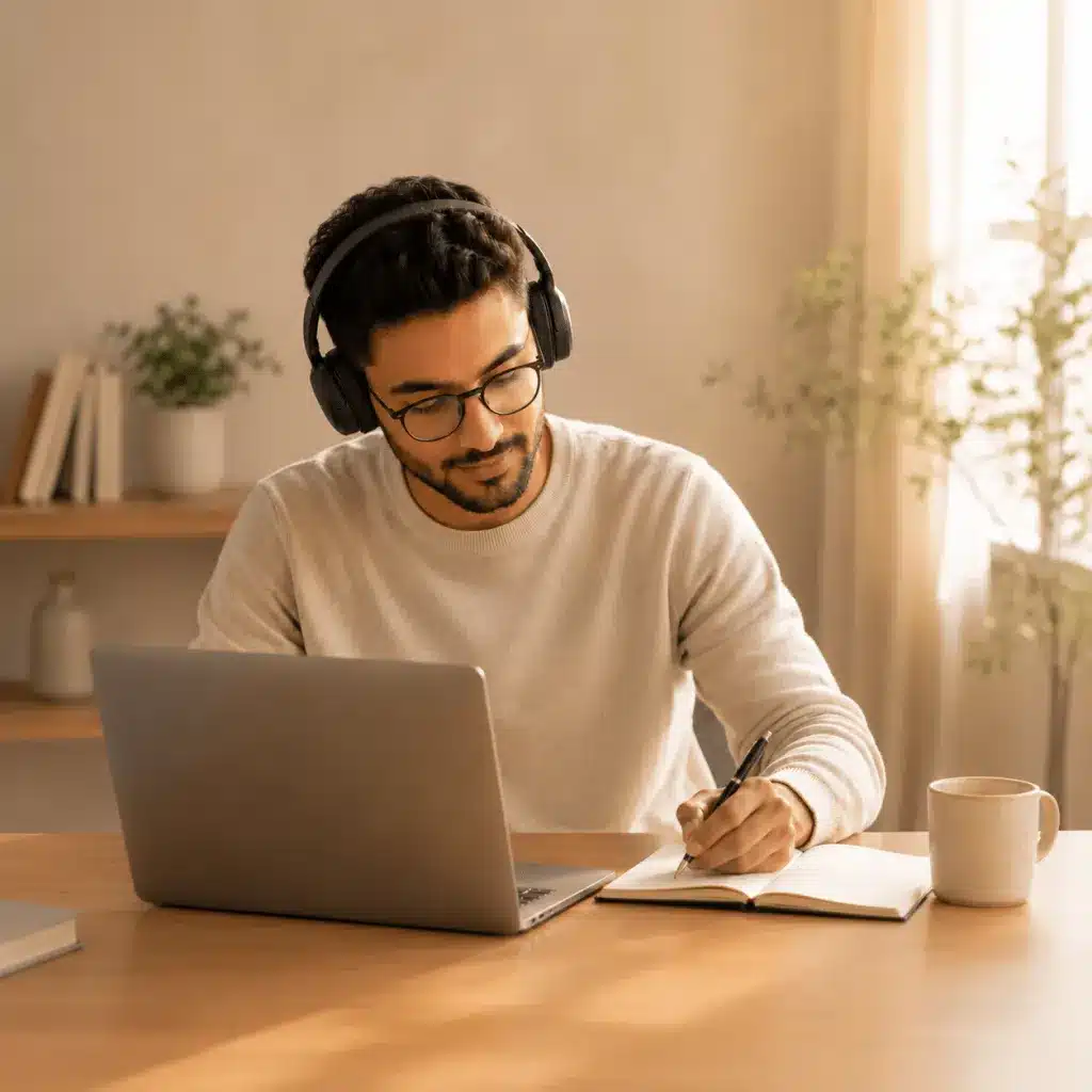 Étudiant souriant avec casque, suivant sa formation à distance