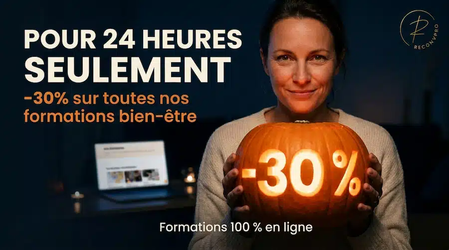Femme souriante tenant une citrouille illuminée « −30 % », texte : pour 24 heures seulement, −30 % sur toutes nos formations bien-être