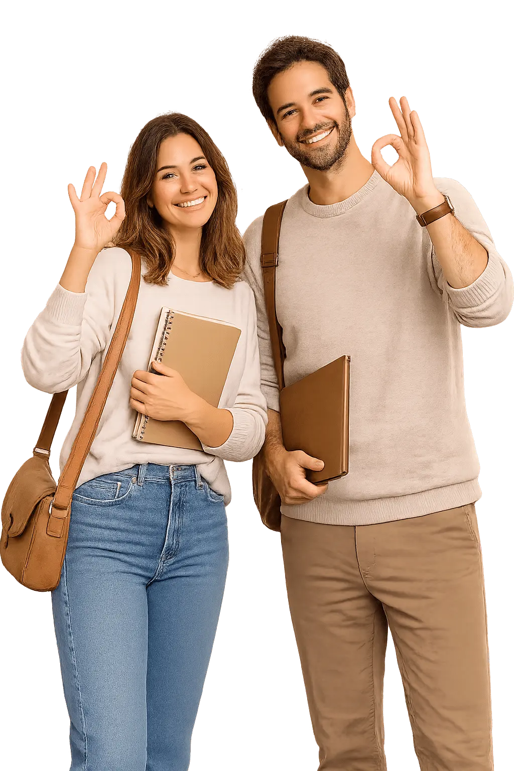 Une femme et un homme souriants, carnets en main, font un signe « OK »